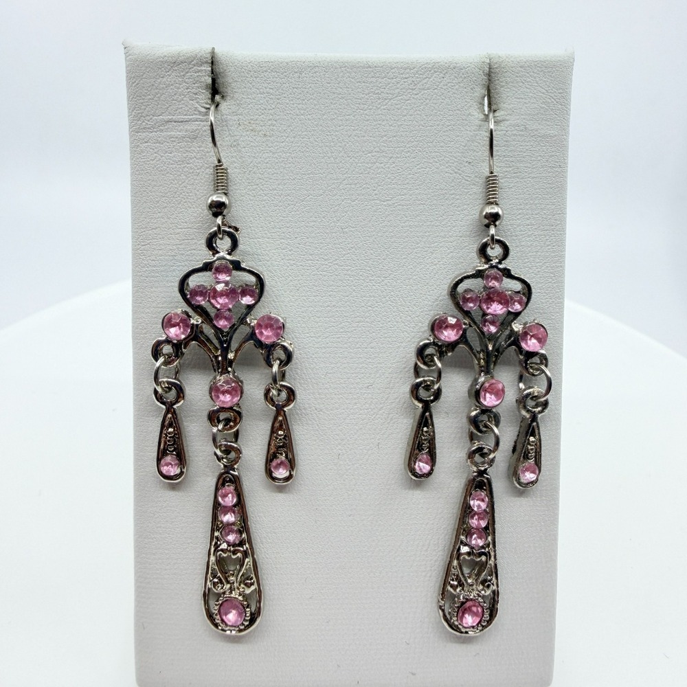 VTG Pink Rhinestone Chandelier Dangle Earrings Silver Tone Goth Fairycore Retro